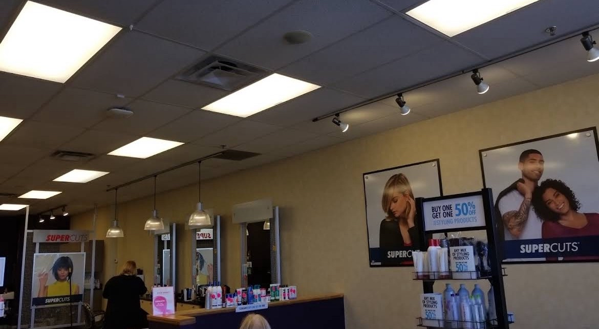 Inside the Supercuts salon in Camden, Delaware with styling stations and product shelves